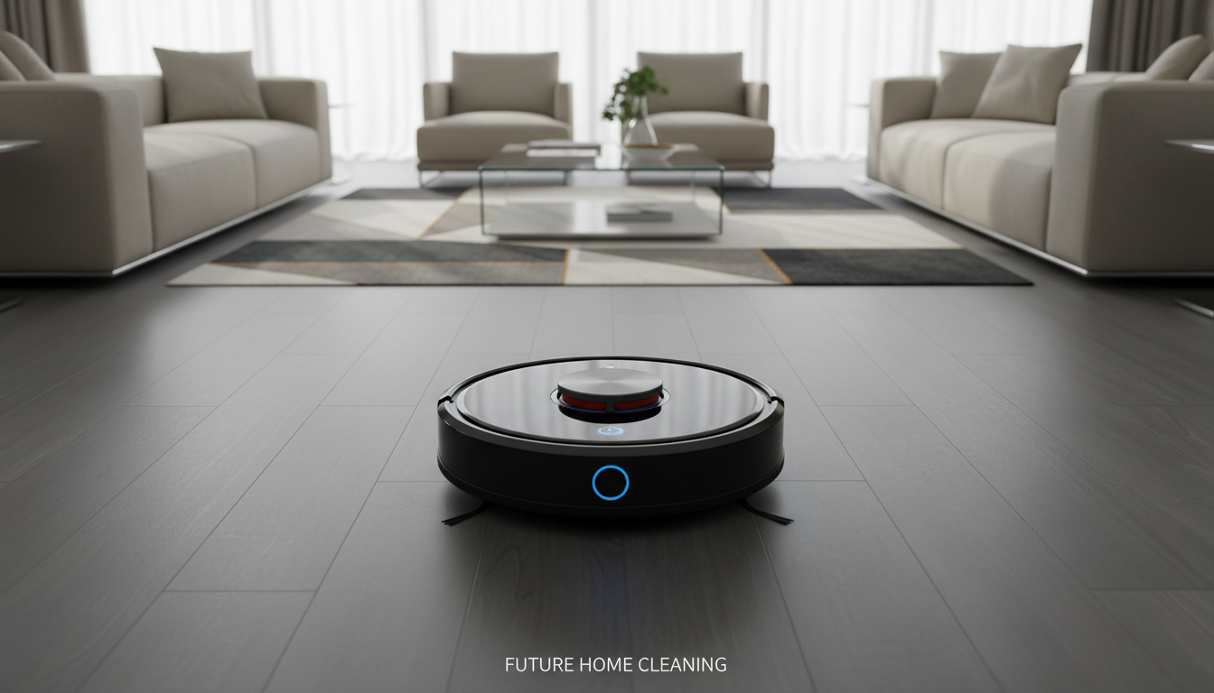 A state-of-the-art, sleek black robot vacuum with a glossy, fingerprint-free finish and subtle silver accents, centrally placed on a matte grey hardwood floor. The surrounding environment is a contemporary living room with neutral-toned furniture and geometric area rugs, all meticulously arranged. Soft, diffused natural daylight enters through large windows, reflecting softly off the vacuum’s curved surfaces and casting gentle, balanced shadows. The mood is professional and serene, emphasizing order and efficiency. Captured from an eye-level, centered perspective with sharp focus throughout, the composition is structured with clean lines and symmetry. The style is photographic realism, exuding a clean, corporate, and modern aesthetic. This image serves as a universal representation of robot vacuums for the blog's featured section.